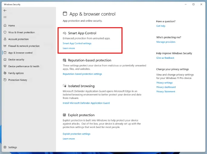 หน้า App & browser control ใน Windows Security