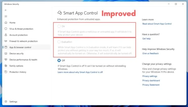 หน้าตั้งค่า Smart App Control เลือก Off
